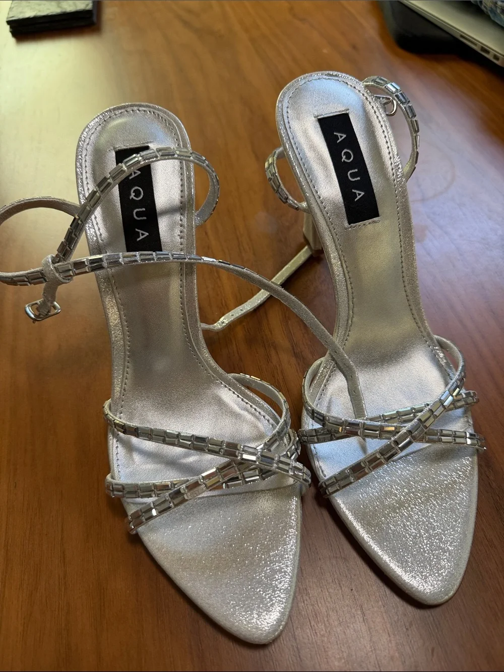 Aqua Silver Beaded Strappy Heels